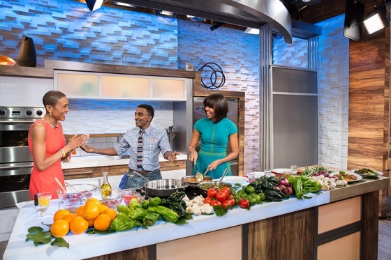 First Lady Michelle Obama, along with Robin Roberts and chef Marcus Samuelsson, participate in a “Good Morning America” cooking segment at the GMA Studios in New York, N.Y., Feb. 22, 2013. (Official White House Photo by Chuck Kennedy)